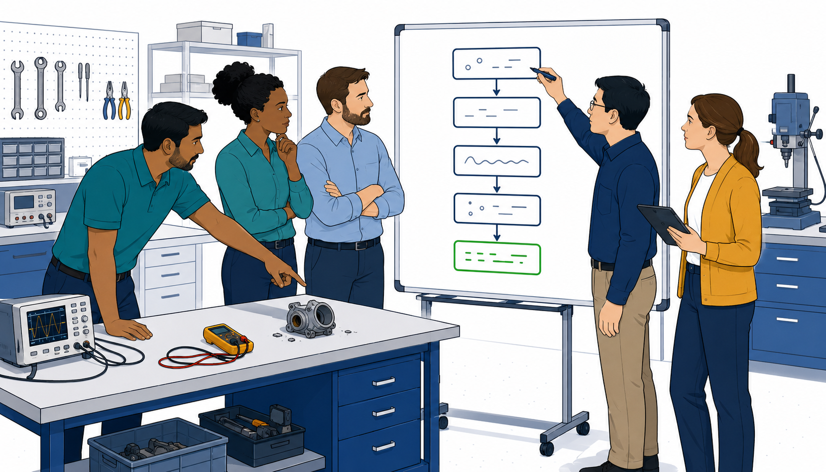 A 5 Whys session at the source: whiteboard beside the failed part