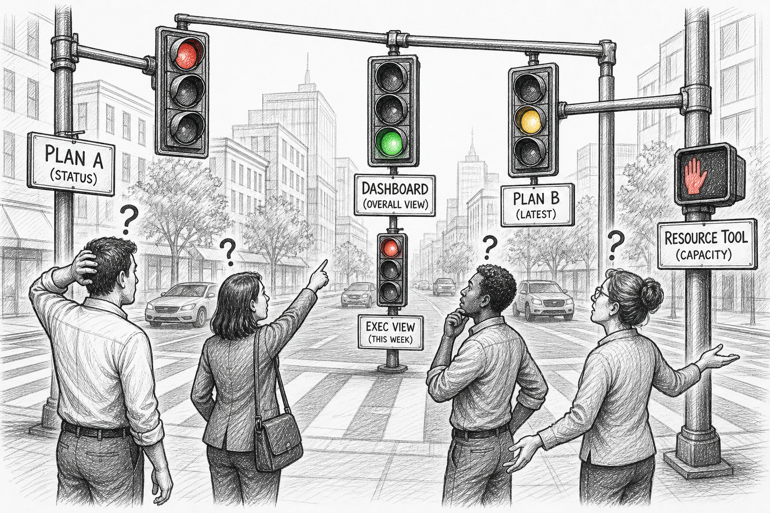 Conflicting status views shown as multiple traffic lights and confused team members