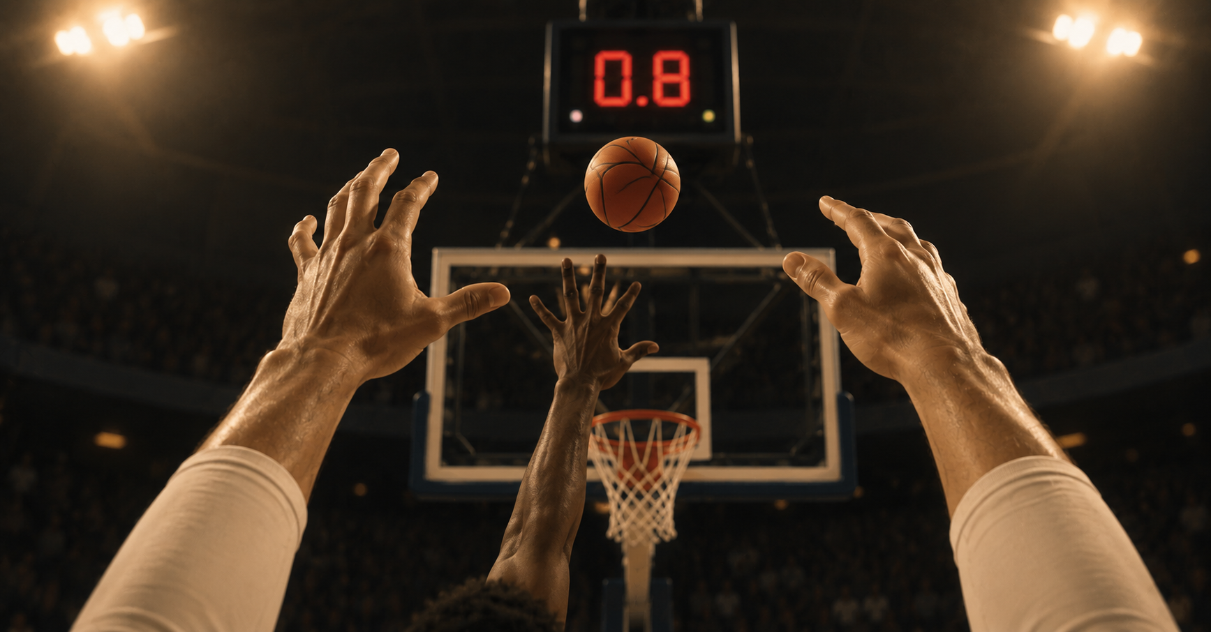 A shooter's point of view: the shot clock running down past a defender's hands — the scoreboard telling you to take the shot now